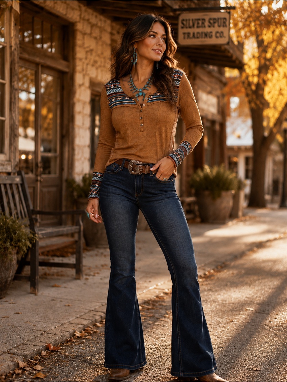 Cowgirl Up GUP Small Brown Southwestern Henley Long Sleeve Western Top